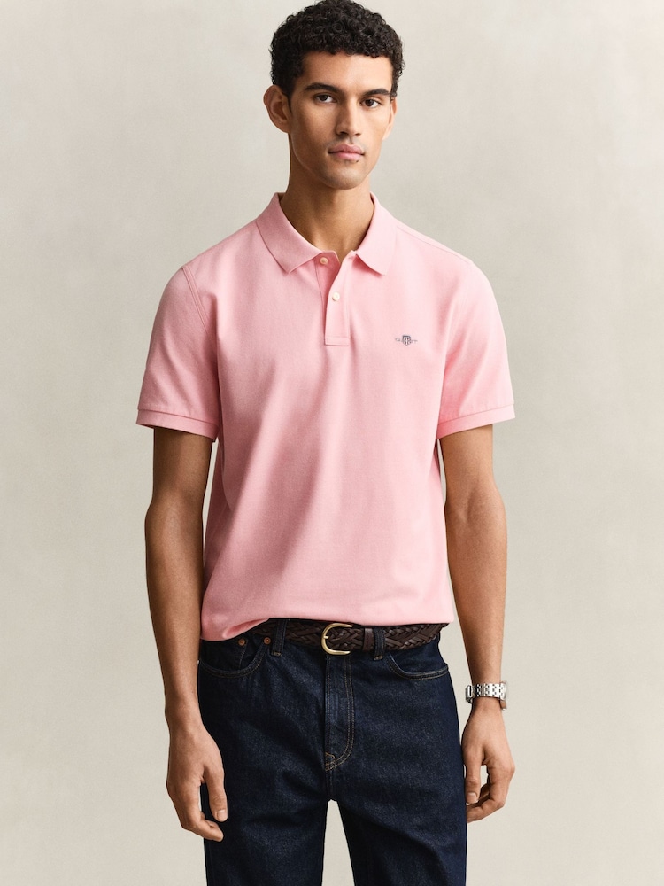 GANT Pink Shield Logo Pique Cotton Polo Shirt - Image 1 of 5 GANT Pink Shield Logo Pique Cotton Polo Shirt - Image 1 of 5