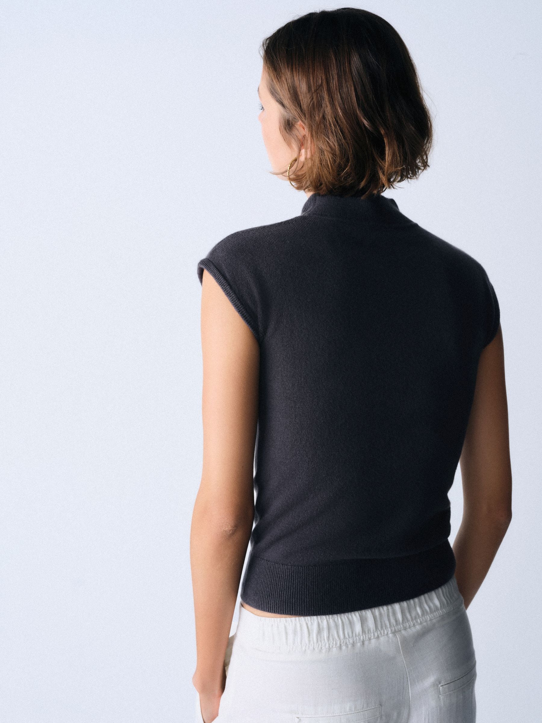Buy The Set 3 Pack Knitted Cap Sleeve Hi Neck Tops Cream/Plum/Grey