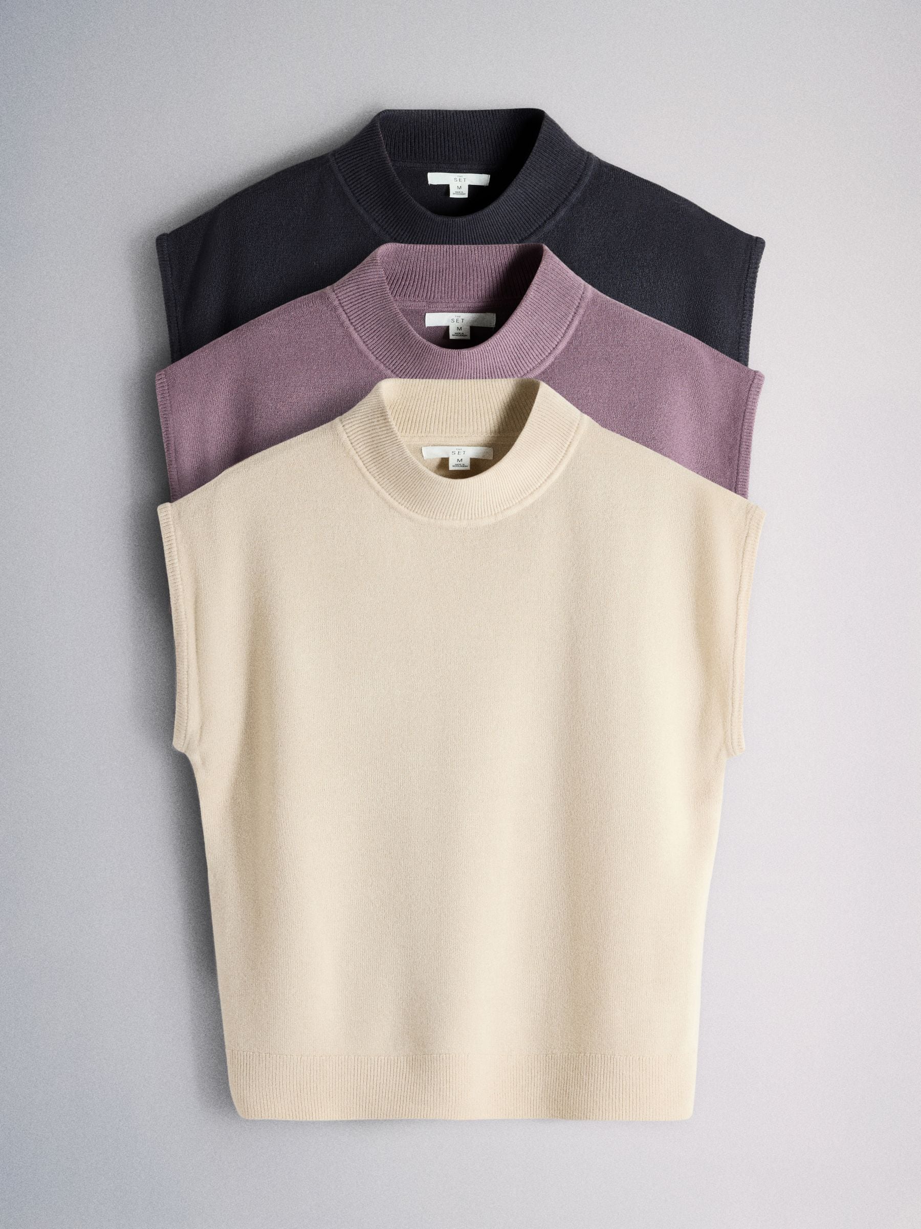 Buy The Set 3 Pack Knitted Cap Sleeve Hi Neck Tops Cream/Plum/Grey