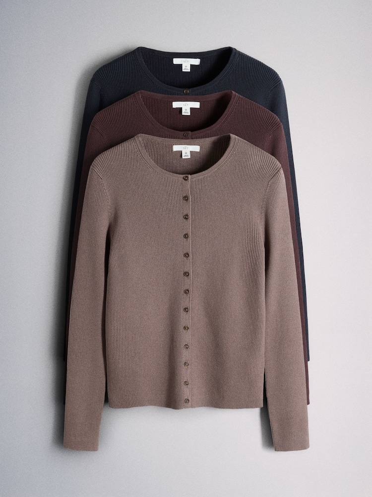 The Set 3 Pack Ribbed Crew Neck Long Sleeve Cardigan Navy Blue/Burgandy Red/Stone Brown - Image 1 of 7