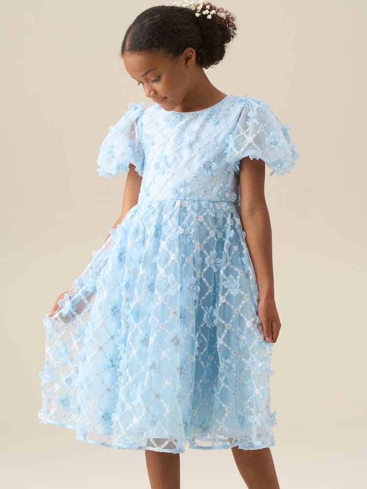 Angel & Rocket Blue Francine Embellished Puff Sleeve Dress - Image 1 of 8 Angel & Rocket Blue Francine Embellished Puff Sleeve Dress - Image 1 of 8