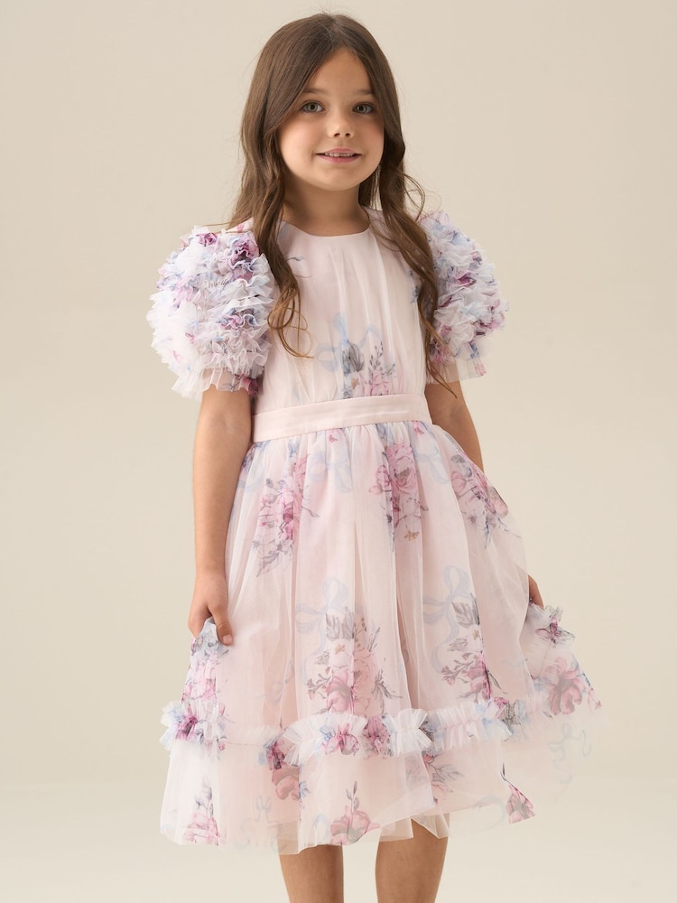 Girls Pink Floral Ruffle Sleeve Party Dress | Angel & Rocket 1 yrs