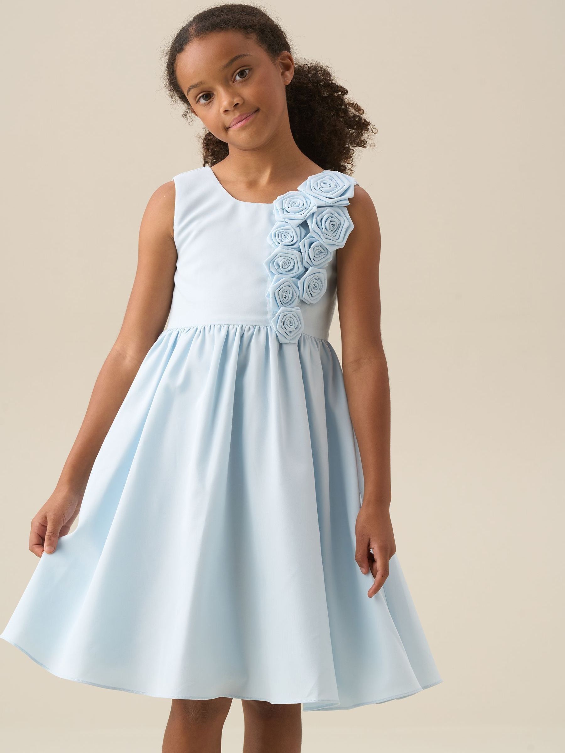 Girls Blue Flower Corsage Occasion Dress | Angel & Rocket 2 yrs