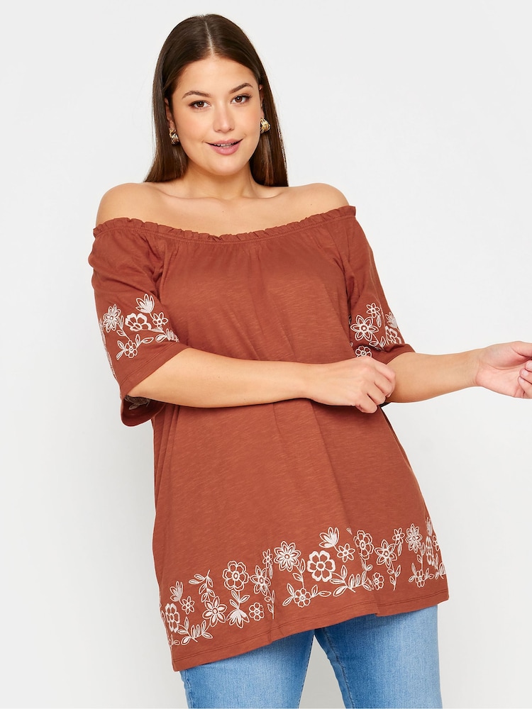 Orange - Yours Curve Bardot-Top mit Stickereidetail aus 100 % Baumwolle - Bild 1 von 5