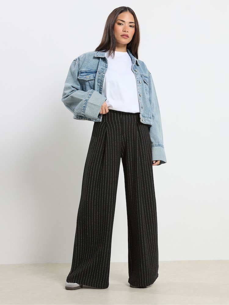 PixieGirl Petite Black Pinstripe Palazzo Wide Leg Trousers - Image 1 of 5 PixieGirl Petite Black Pinstripe Palazzo Wide Leg Trousers - Image 1 of 5