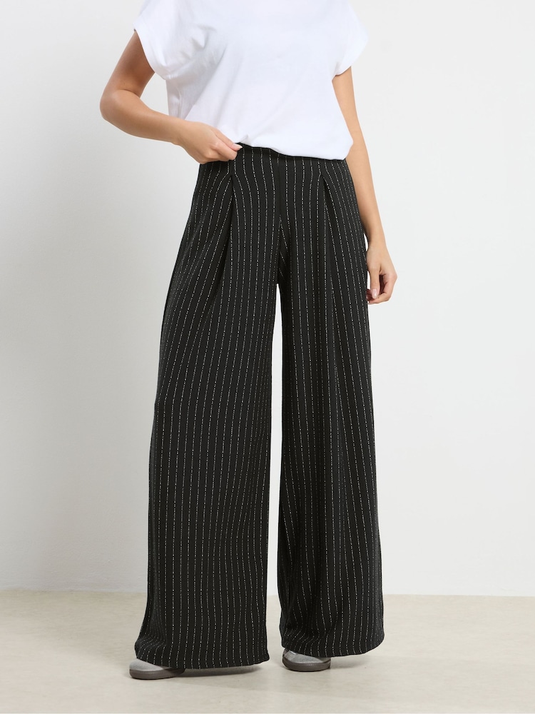 PixieGirl Petite Black Pinstripe Palazzo Wide Leg Trousers - Image 2 of 5 PixieGirl Petite Black Pinstripe Palazzo Wide Leg Trousers - Image 2 of 5