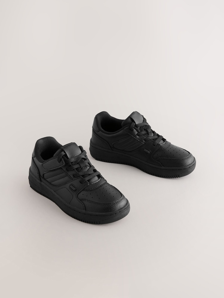 Black Standard Fit (F) Leather Touch Fastening Elastic Lace School Shoes - Image 1 of 6