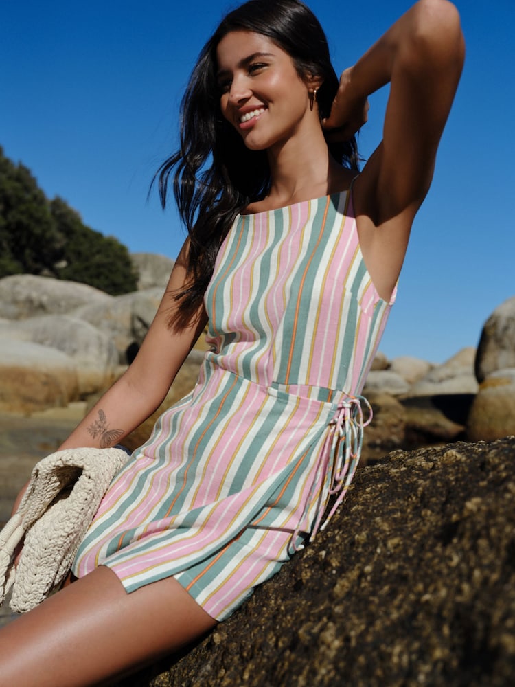 綠色條紋 - Linen Rich Wrap Skort Playsuit - 圖片 1/7