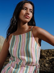 綠色條紋 - Linen Rich Wrap Skort Playsuit - 圖片 4/7