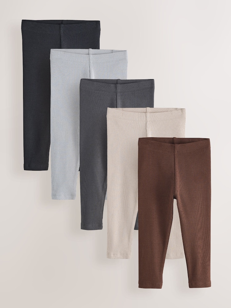 Brown/Grey Ribbed Leggings 5 Pack (3mths-7yrs) - Image 1 of 10