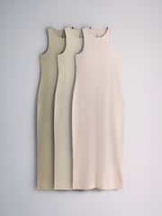 The Set 3 Pack Ribbed Maxi Dresses Khaki Green/Cream/Pink - Image 2 of 11