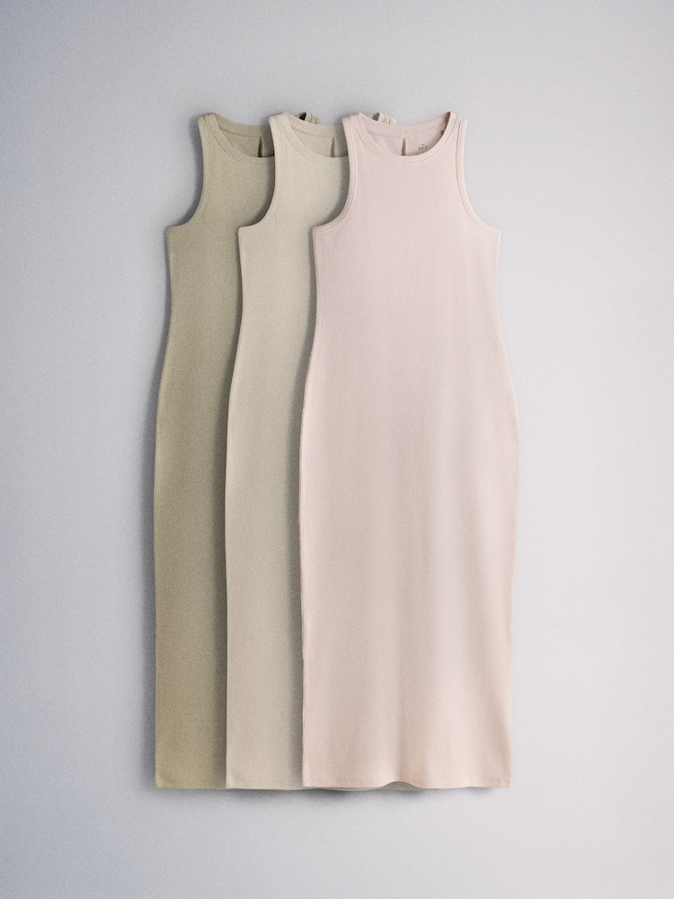 The Set 3 Pack Ribbed Maxi Dresses Khaki Green/Cream/Pink - Image 2 of 11