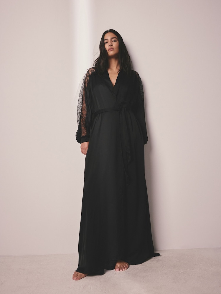 AIYLA Black Lace & Satin Long Robe - Image 1 of 10
