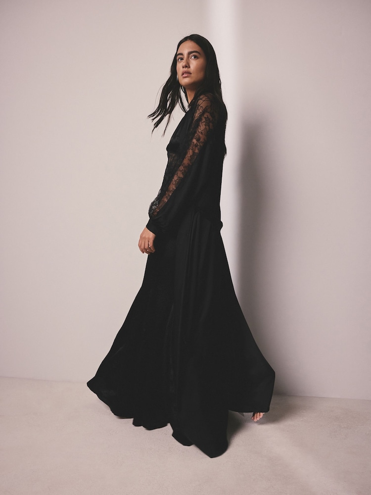 AIYLA Black Lace & Satin Long Robe - Image 2 of 10