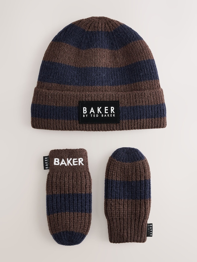 Baker by Ted Baker Blue/Chocolate Brown Stripe Beanie and Mittens Set - Image 1 of 3 Baker by Ted Baker Blue/Chocolate Brown Stripe Beanie and Mittens Set - Image 1 of 3