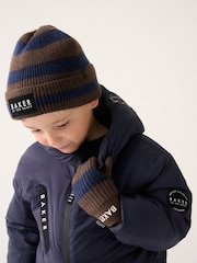 Baker by Ted Baker Blue/Chocolate Brown Stripe Beanie and Mittens Set - Image 2 of 3