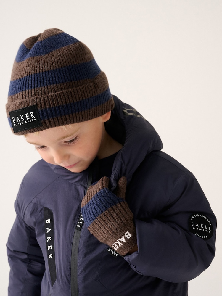 Baker by Ted Baker Blue/Chocolate Brown Stripe Beanie and Mittens Set - Image 2 of 3 Baker by Ted Baker Blue/Chocolate Brown Stripe Beanie and Mittens Set - Image 2 of 3