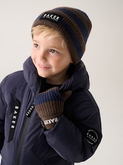 Baker by Ted Baker Blue/Chocolate Brown Stripe Beanie and Mittens Set - Image 3 of 3