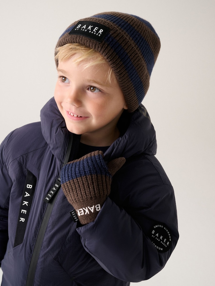 Baker by Ted Baker Blue/Chocolate Brown Stripe Beanie and Mittens Set - Image 3 of 3 Baker by Ted Baker Blue/Chocolate Brown Stripe Beanie and Mittens Set - Image 3 of 3
