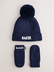 Baker by Ted Baker Navy Logo Knitted Pom Hat and Mittens Set - Image 1 of 5