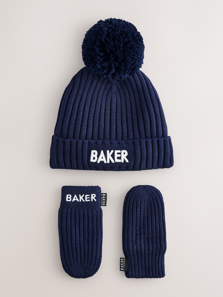 Baker by Ted Baker Navy Logo Knitted Pom Hat and Mittens Set - Image 1 of 5 Baker by Ted Baker Navy Logo Knitted Pom Hat and Mittens Set - Image 1 of 5