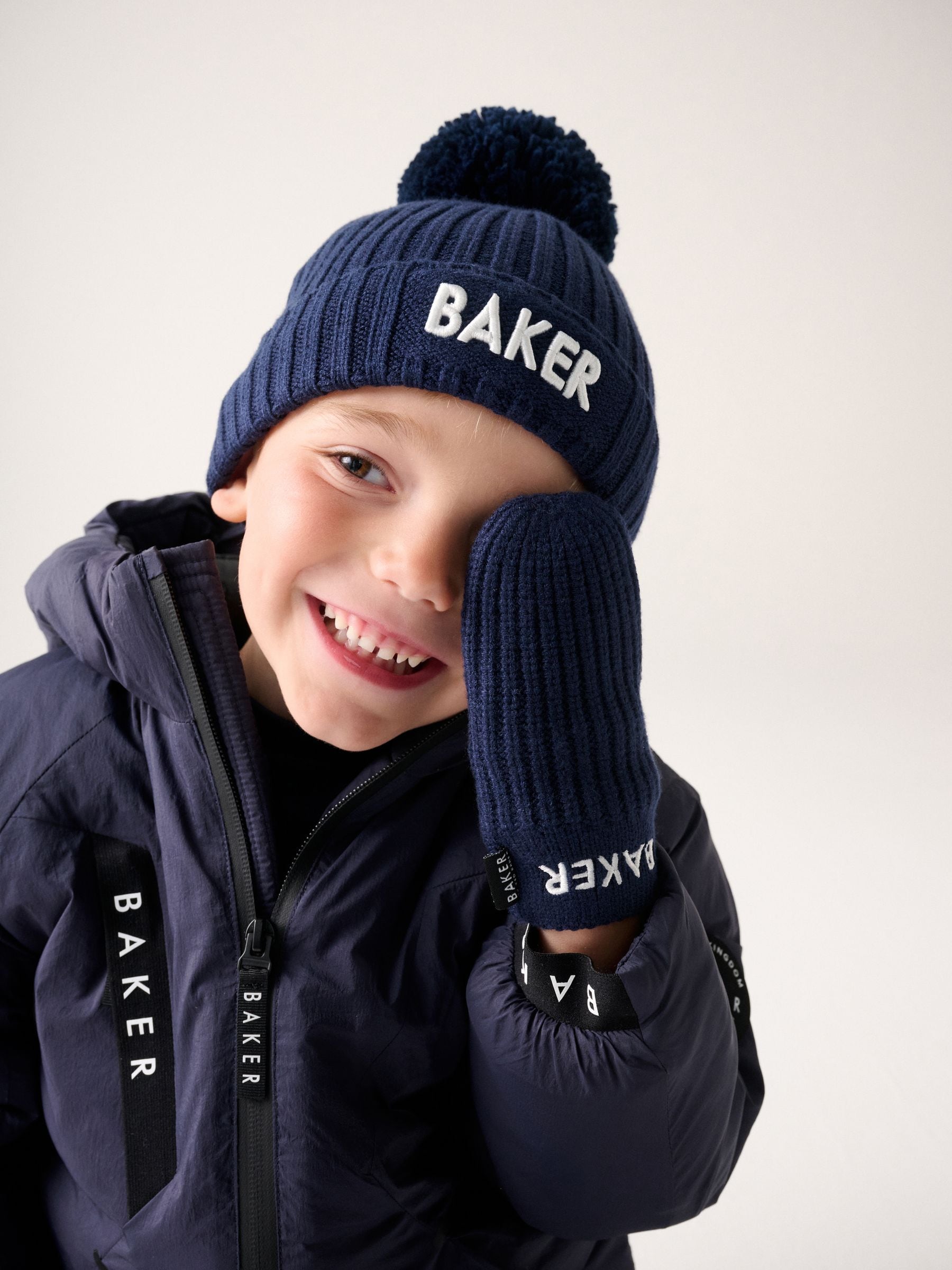 Baker by Ted Baker Navy Logo Knitted Pom Hat and Mittens Set view 1