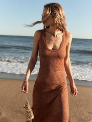 BHOEM Metallic Gold Orange Knitted Sleeveless Midi Dress - Image 2 of 6