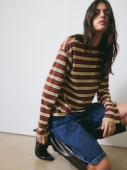 BHOEM Striped Long Sleeve Brown T-Shirt With Embroidery Detail - Image 1 of 6