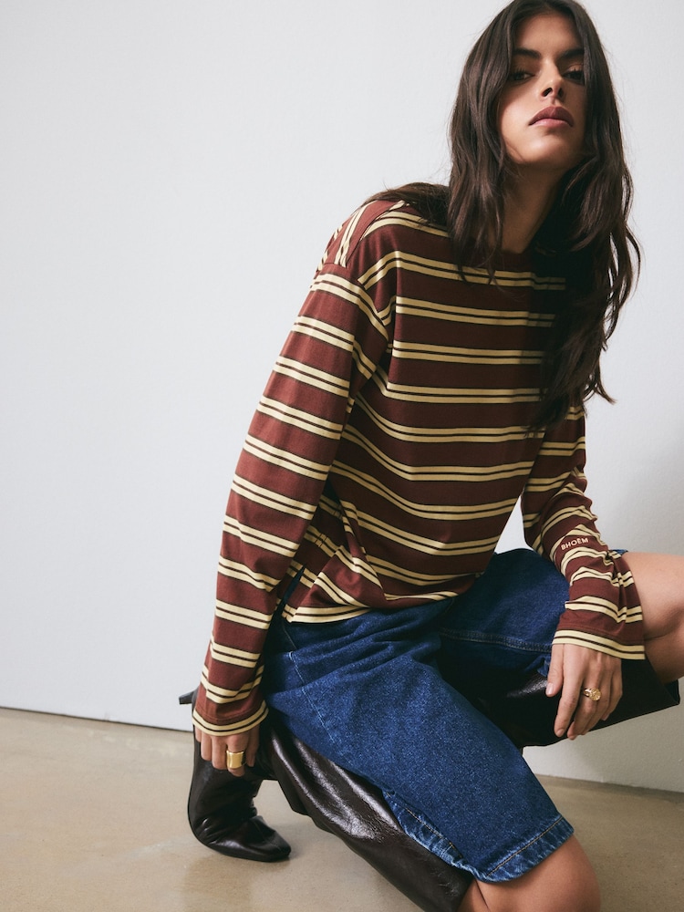 BHOEM Striped Long Sleeve Brown T-Shirt With Embroidery Detail - Image 1 of 6
