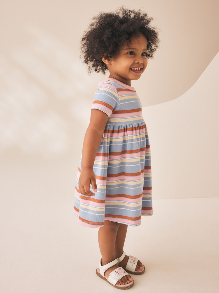 Blue Pink Stripe Short Sleeve Ribbed Dress (3mths-7yrs) - Image 1 of 8