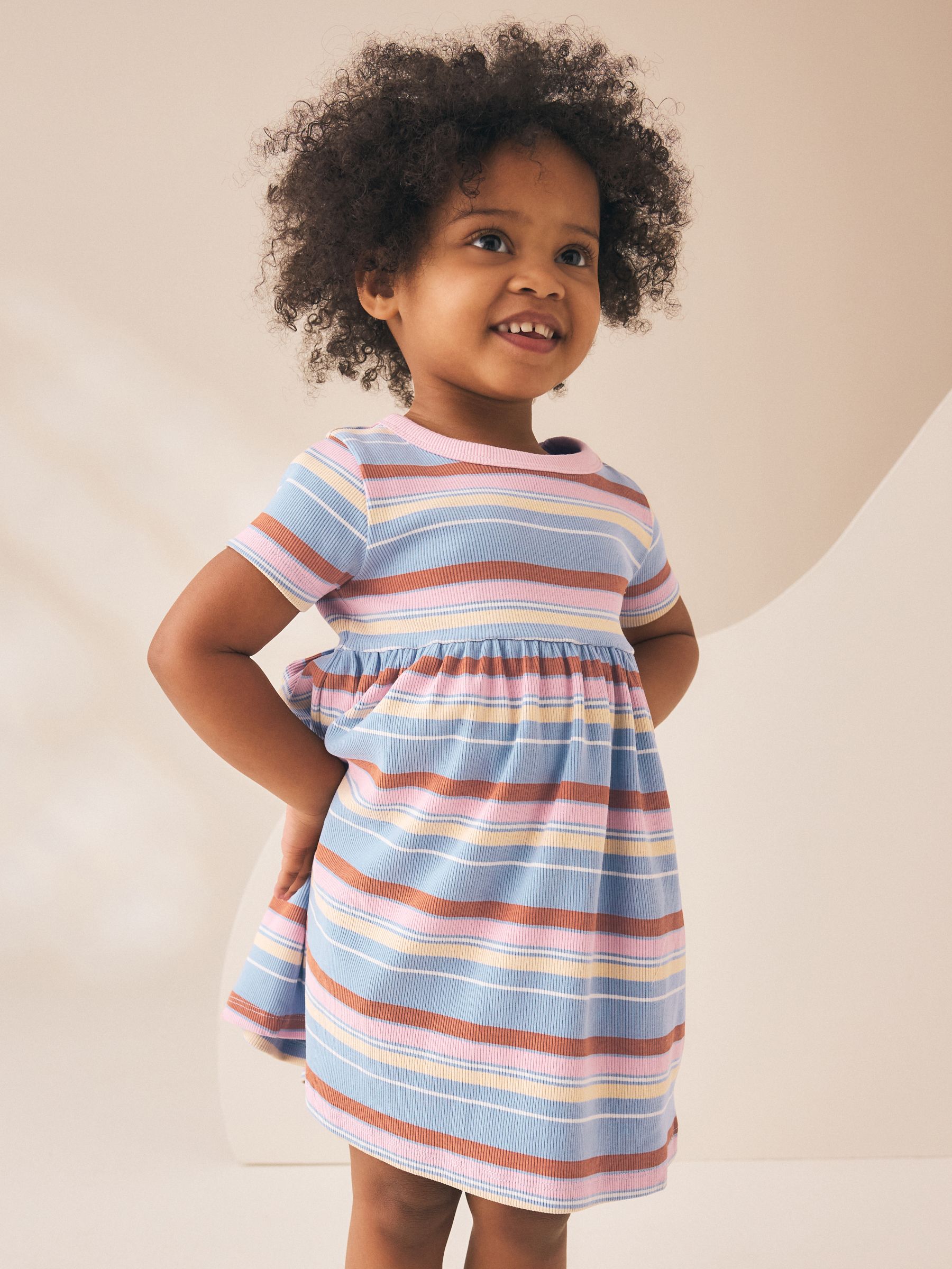 Buy Blue Pink Stripe Short Sleeve Ribbed Dress (3mths-7yrs) from