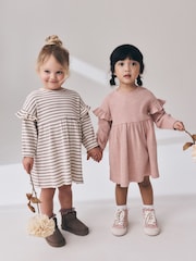 Neutral Stripe/Pale Pink Long Sleeve Frill Sleeve Ribbed Dresses 2 Pack (3mths-7yrs) - Image 1 of 10