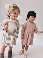Neutral Stripe/Pale Pink Long Sleeve Frill Sleeve Ribbed Dresses 2 Pack (3mths-7yrs) - Image 2 of 10