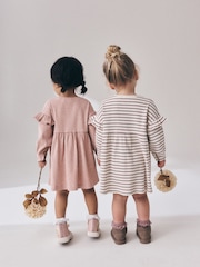 Neutral Stripe/Pale Pink Long Sleeve Frill Sleeve Ribbed Dresses 2 Pack (3mths-7yrs) - Image 3 of 10
