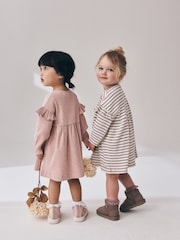 Neutral Stripe/Pale Pink Long Sleeve Frill Sleeve Ribbed Dresses 2 Pack (3mths-7yrs) - Image 4 of 10