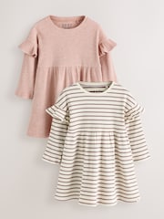 Neutral Stripe/Pale Pink Long Sleeve Frill Sleeve Ribbed Dresses 2 Pack (3mths-7yrs) - Image 5 of 10