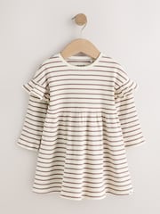 Neutral Stripe/Pale Pink Long Sleeve Frill Sleeve Ribbed Dresses 2 Pack (3mths-7yrs) - Image 6 of 10