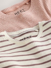 Neutral Stripe/Pale Pink Long Sleeve Frill Sleeve Ribbed Dresses 2 Pack (3mths-7yrs) - Image 9 of 10