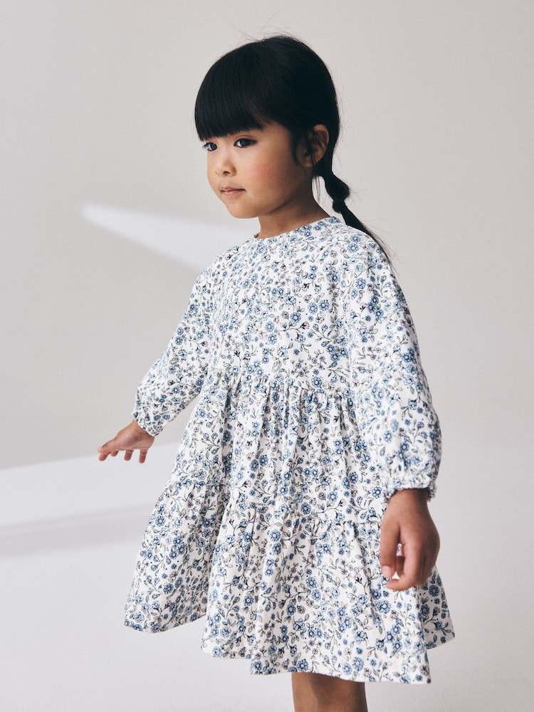 Ecru Blue Ditsy Long Sleeve Tiered Dress (3mths-7yrs) - Image 1 of 9