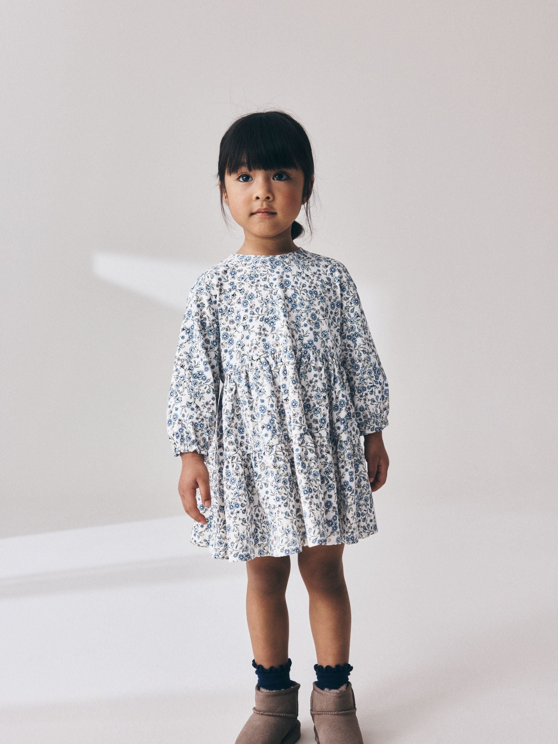 Buy Ecru Blue Ditsy Long Sleeve Tiered Dress (3mths-7yrs) from