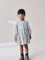Ecru Blue Ditsy Long Sleeve Tiered Dress (3mths-7yrs) - Image 4 of 9
