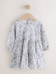 Ecru Blue Ditsy Long Sleeve Tiered Dress (3mths-7yrs) - Image 6 of 9