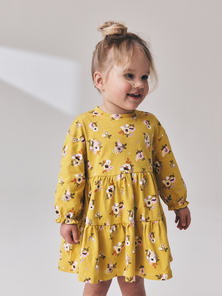 Ochre Yellow Floral Long Sleeve Tiered Dress (3mths-7yrs) - Image 2 of 8