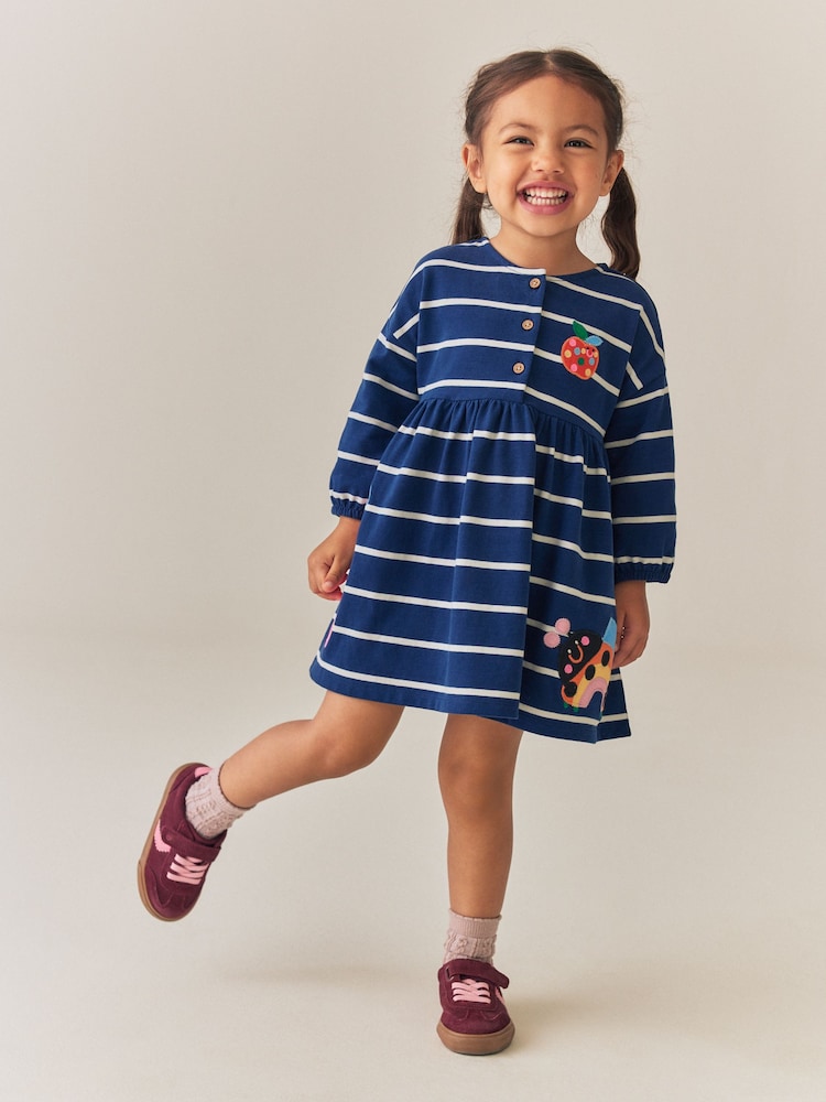 Navy Stripe Ladybird Long Sleeve Button Dress (3mths-7yrs) - Image 2 of 9