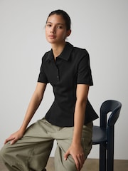 Black Peplum Polo Neck Short Sleeve T-Shirt - Image 1 of 8