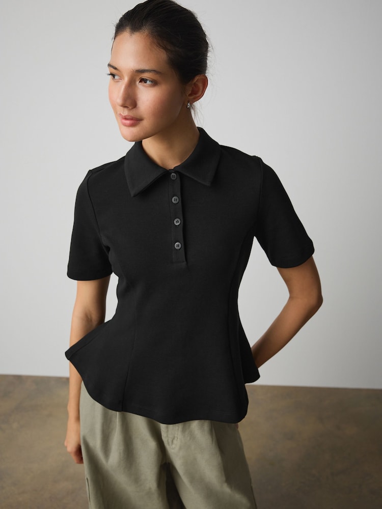 Black Peplum Polo Neck Short Sleeve T-Shirt - Image 2 of 8 Black Peplum Polo Neck Short Sleeve T-Shirt - Image 2 of 8