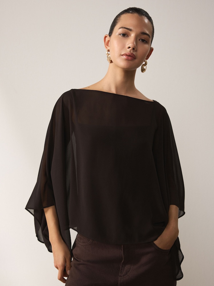 Chocolate Brown Sheer Layer Cape Sleeve Top with Cami - Image 1 of 5