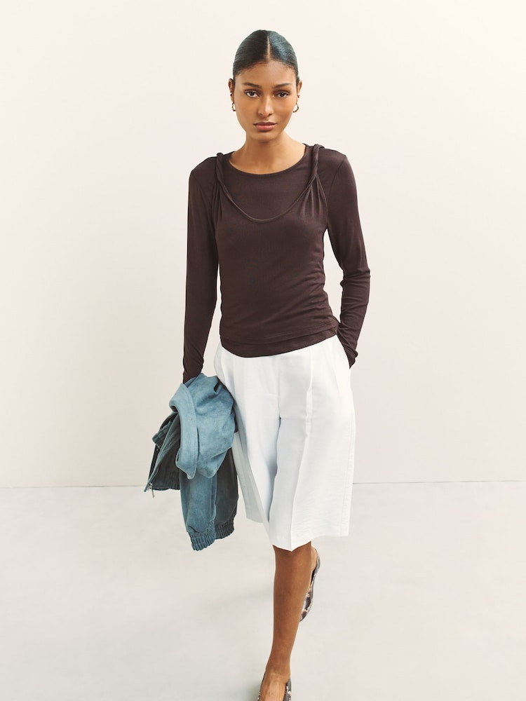 Maro Ciocolată - Knit Long Sleeve Cami Layer Top - Imaginea 1 din 4