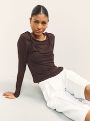 Maro Ciocolată - Knit Long Sleeve Cami Layer Top - Imaginea 2 din 4