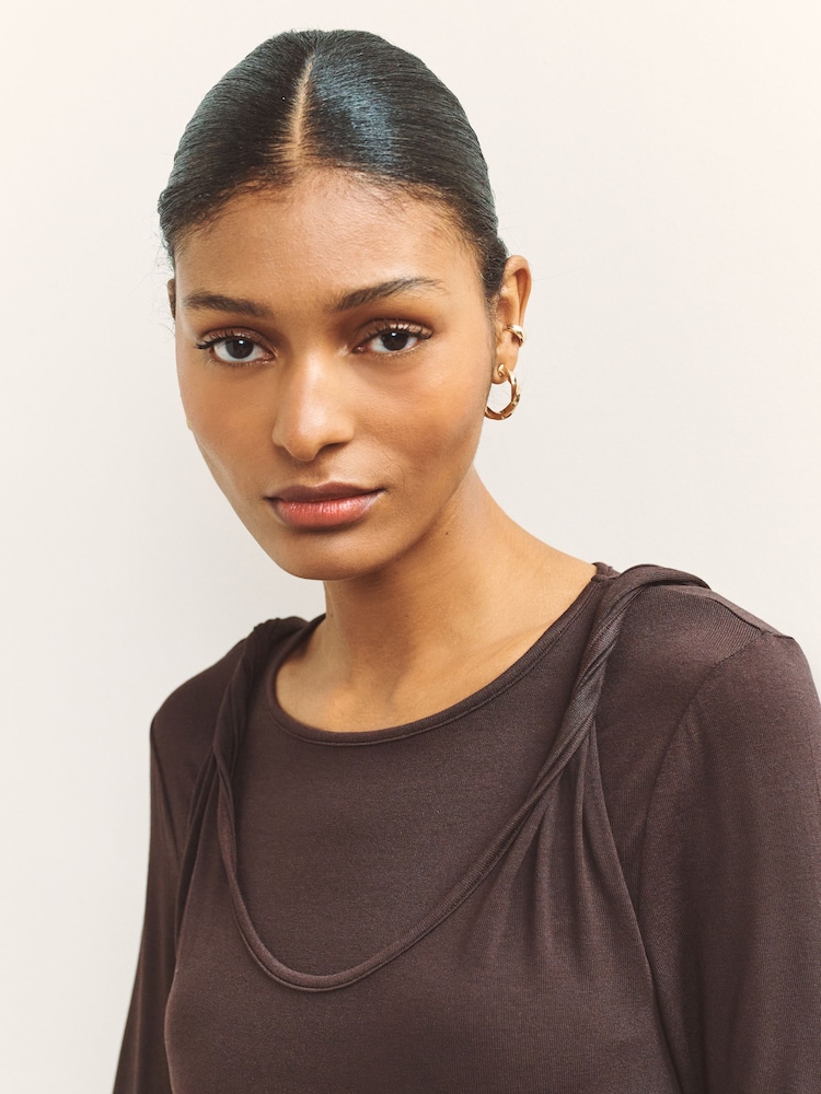 Maro Ciocolată - Knit Long Sleeve Cami Layer Top - Imaginea 4 din 4